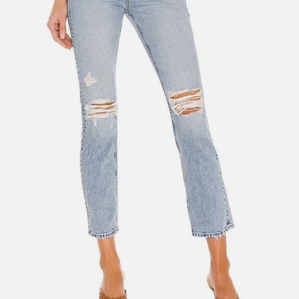 MOTHER Blue Straight Leg Jeans with Distressed Knees